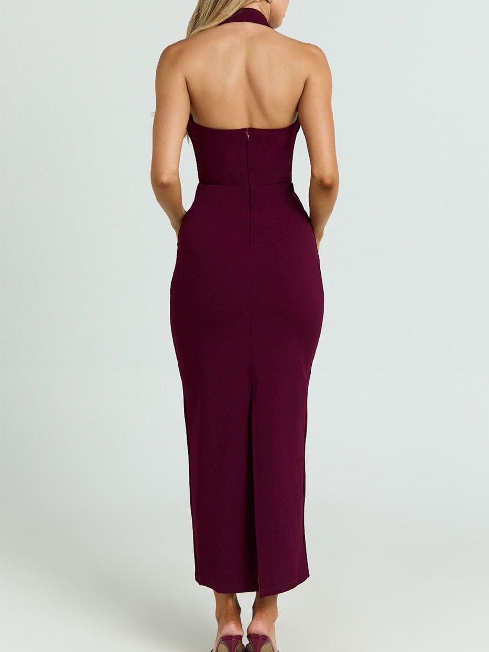 NWT REVOLVE Showpo Salome wine Halter Fitted Maxi Dress US 2 - Picture 3 of 10
